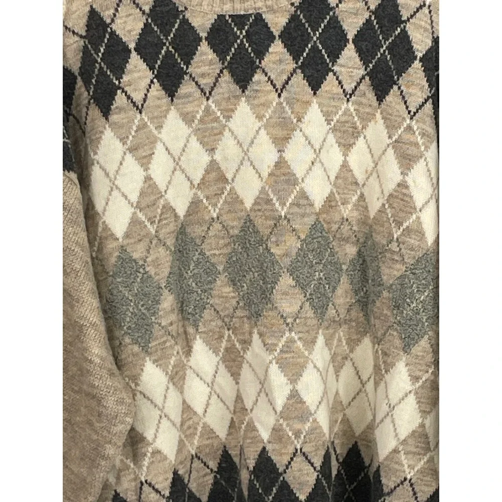 Murano Mens Sweater XL Crewneck Tan Argyle Preppy Wool Blend Made in Italy
